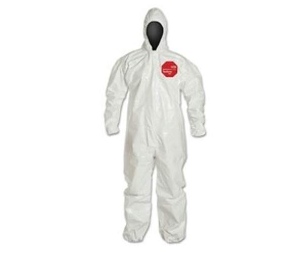 Tychem® 4000 Coverall,Taped Seams, Attached Hood, Elastic Wrists and Ankles, Zipper Front, Storm Flap, White, Large