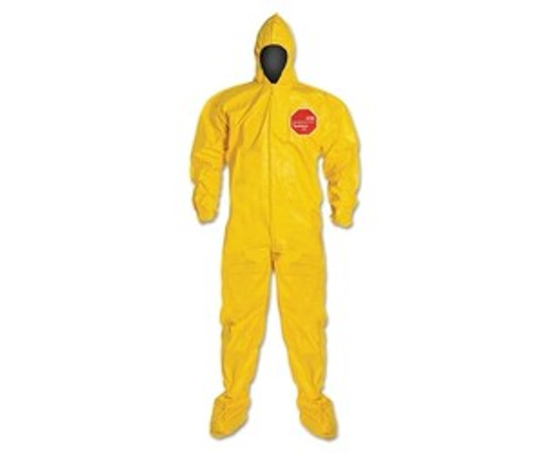 Tychem® 2000 Coverall, Bound Seam, Attached Hood and Sock, Elastic Wrist, Front Zipper, Storm Flap, Yellow, 4X-Large