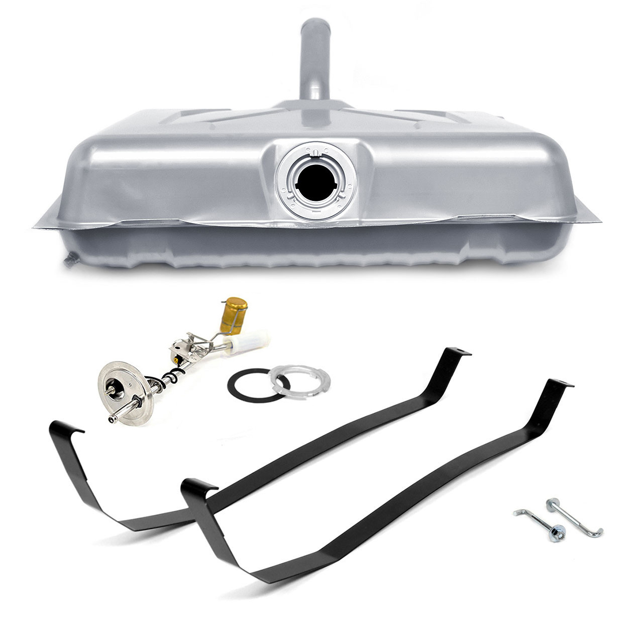 eClassics 1964 Ford Custom Fuel Tank Kit - Tank w/ Filler Neck, 3/8" Sending Unit, Mounting Straps, J-Bolts