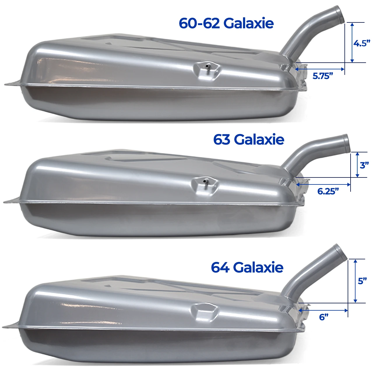 eClassics 1964 Ford Galaxie Fuel Tank Kit - Tank w/ Filler Neck, 5/16" Sending Unit, Mounting Straps, J-Bolts