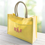 Yellow jute tote embroidered for a special lady, in choice of six colors.