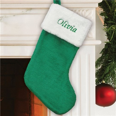 Personalized, Embroidered Green Plush Christmas Stocking