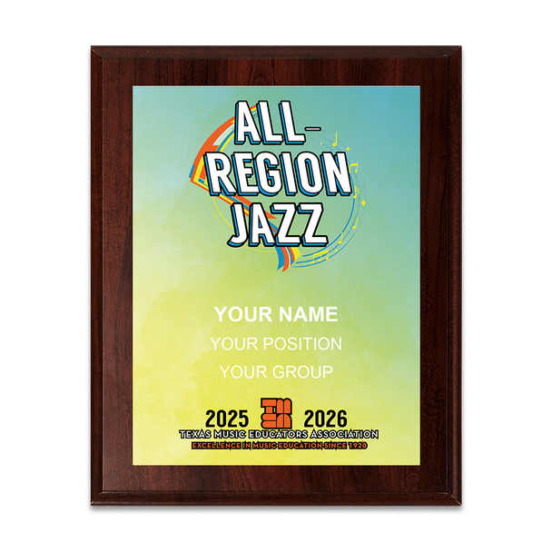 2025-2026 TMEA All-Region Jazz Band 6x8 Plaque