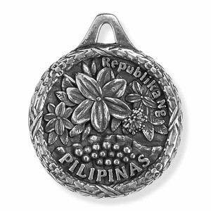 The Filipino American Coin Pendant, Flower & Pearls Silver FRONT