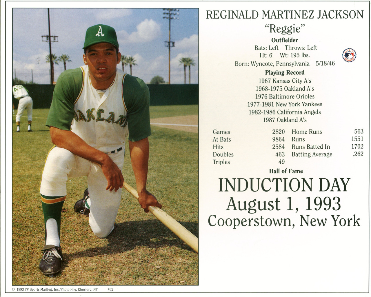 A's Reggie Jackson 8x10 PhotoFile Hall Of Fame Induction Day