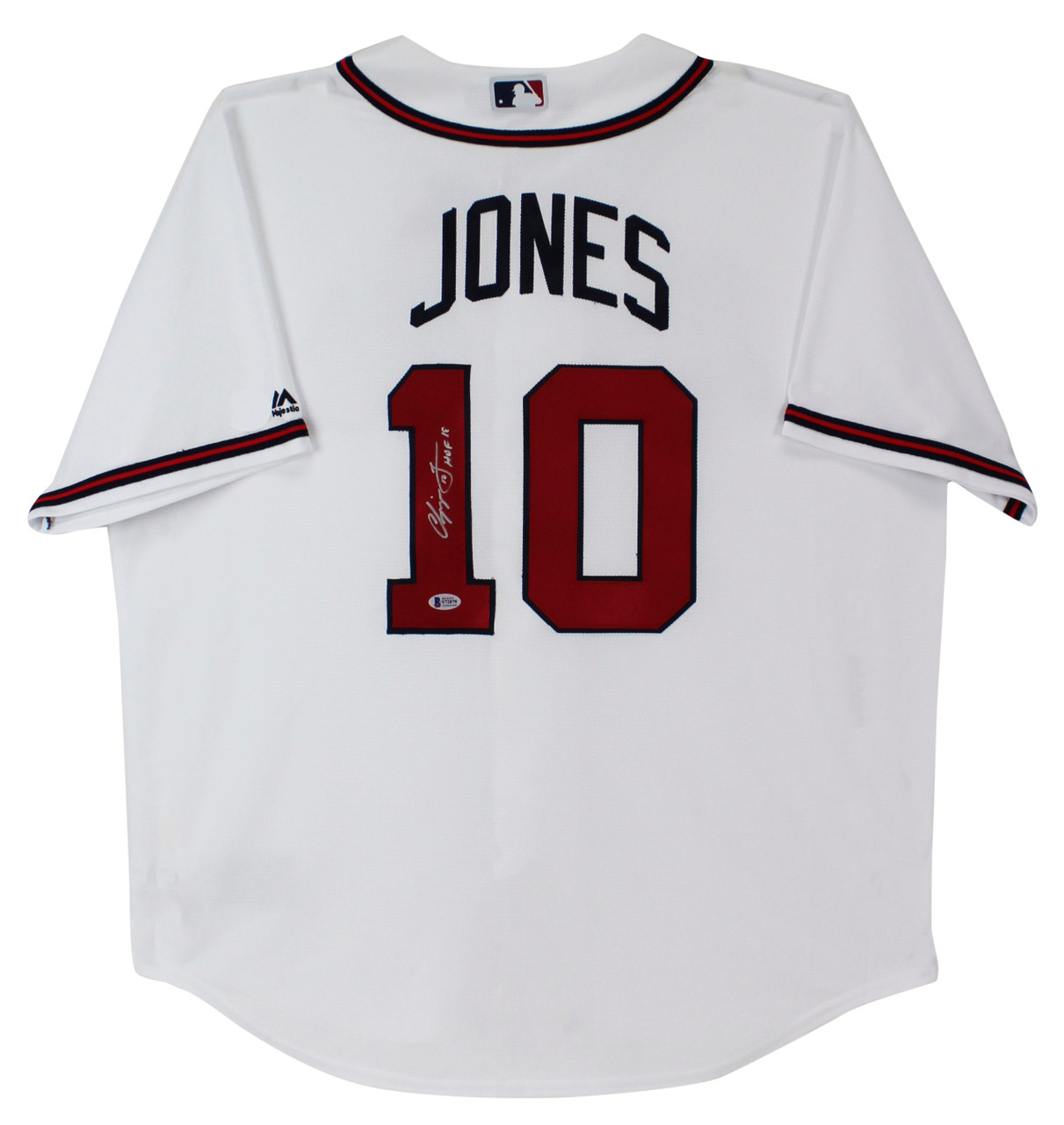 Press Pass Collectibles Braves Chipper Jones HOF 18 Authentic Signed White Majestic CoolBase Jersey BAS
