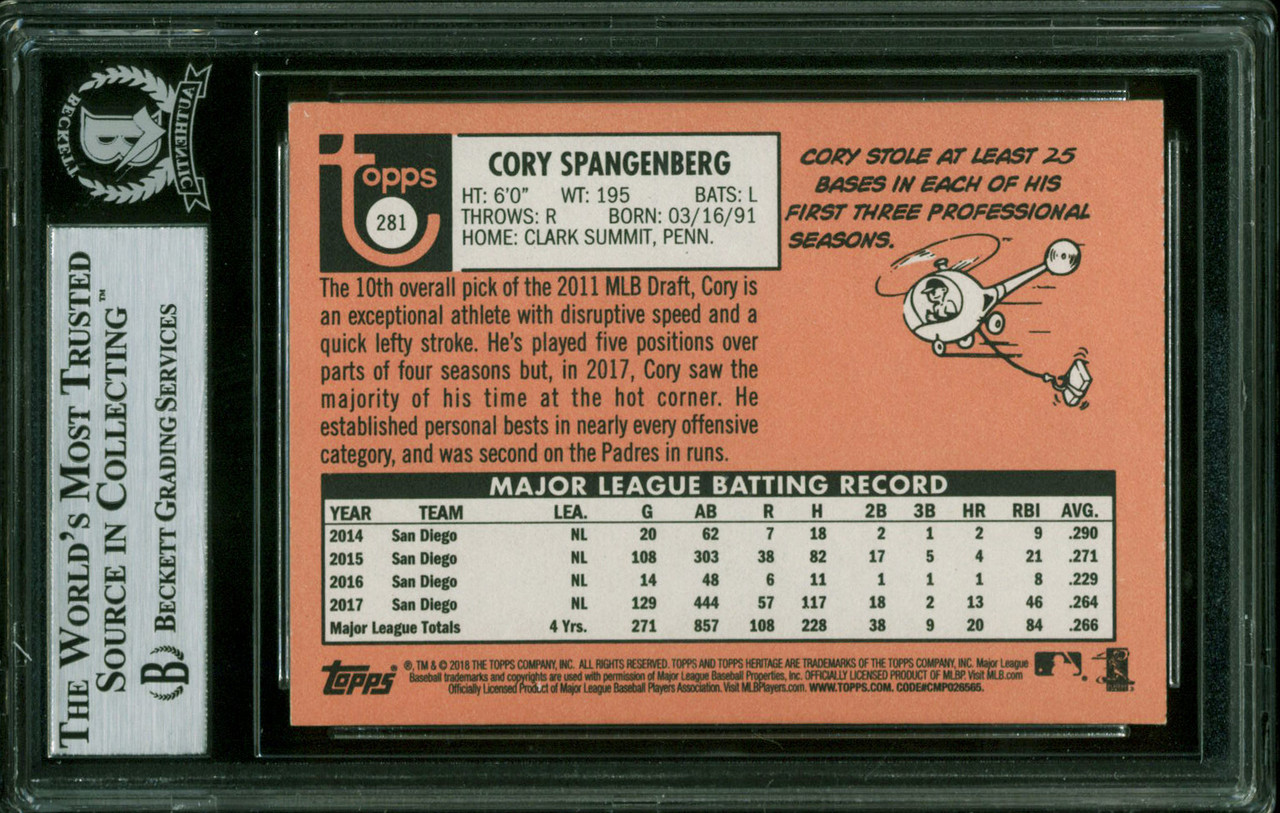 Padres Cory Spangenberg Signed 2018 Topps Heritage #281 Card BAS Slab