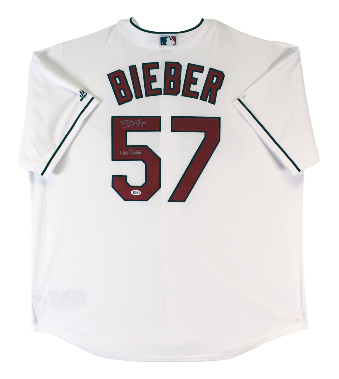 Press Pass Collectibles Indians Shane Bieber Not Justin Signed White Majestic Cool Base Jersey BAS Wit