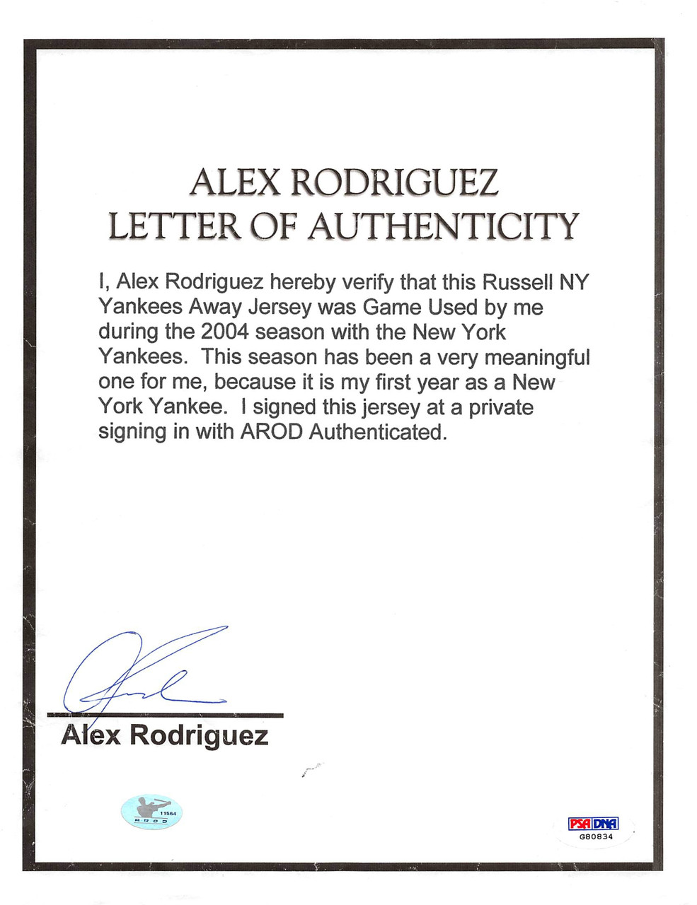 Alex Rodriguez Signed Jersey - 2004 Grey Russell Athletic Graded 9