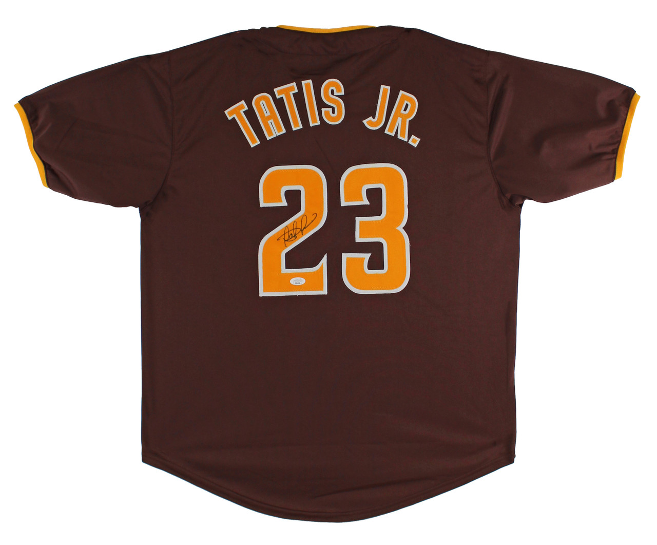 Press Pass Collectibles Fernando Tatis Jr. Authentic Signed Brown Pro Style Jersey w/ Yellow Numbers JSA