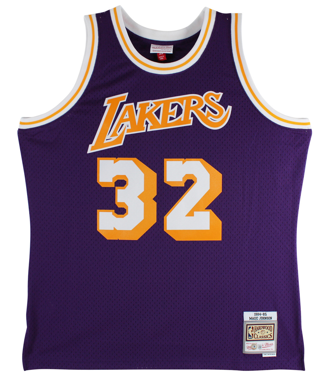 Press Pass Collectibles Lakers Magic Johnson Signed Purple Two-Tone M&N 84-85 HWC Swingman Jersey BAS W