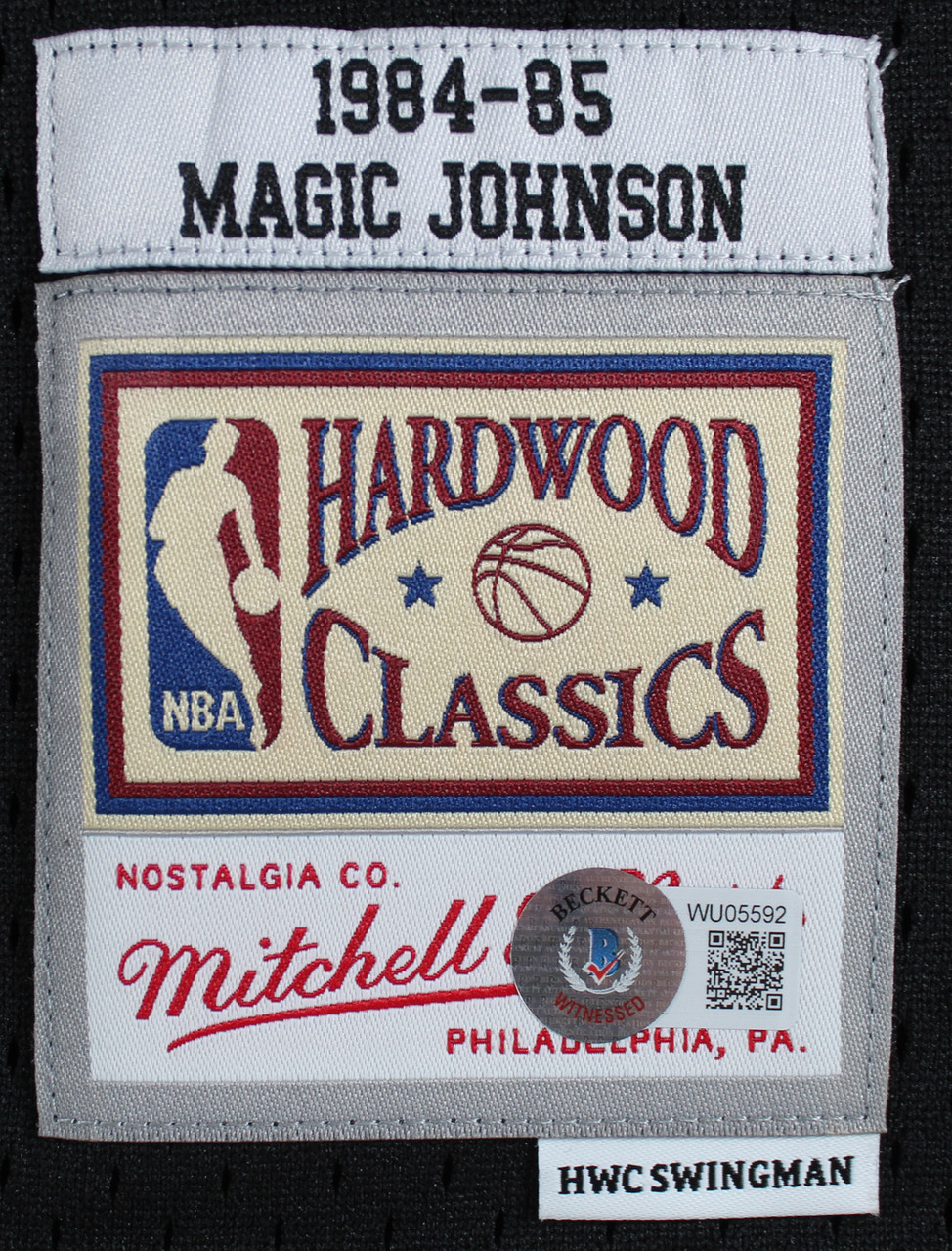 Press Pass Collectibles Lakers Magic Johnson Signed White M&N 1984-85 HWC Swingman Jersey BAS Witnessed