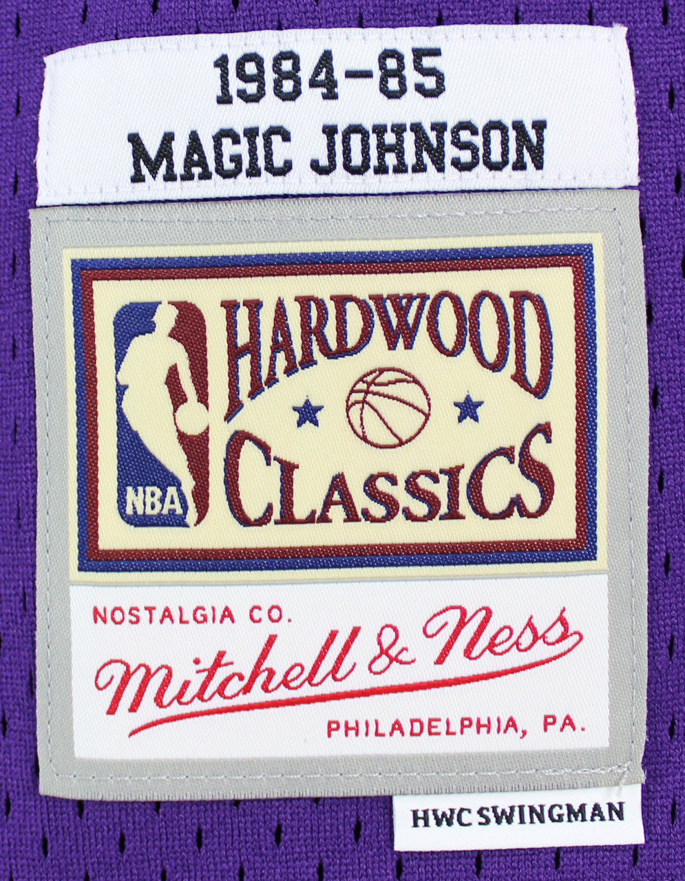 Press Pass Collectibles Lakers Magic Johnson Signed Purple Two-Tone M&N 84-85 HWC Swingman Jersey BAS W