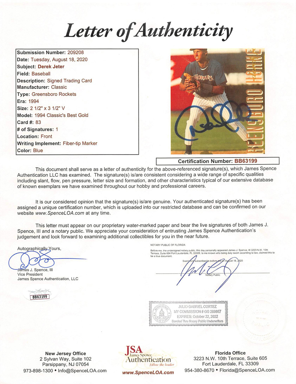 Yankees Derek Jeter Signed 1995 Action Packed 24k Gold #1A Card BAS Slabbed