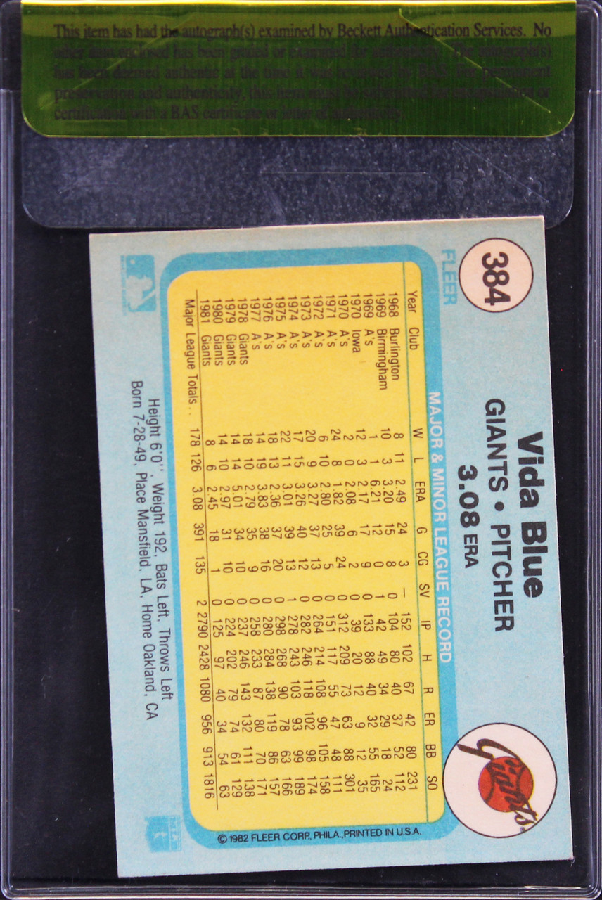 Giants Vida Blue Authentic Signed 1982 Fleer #384 Card BAS #11392