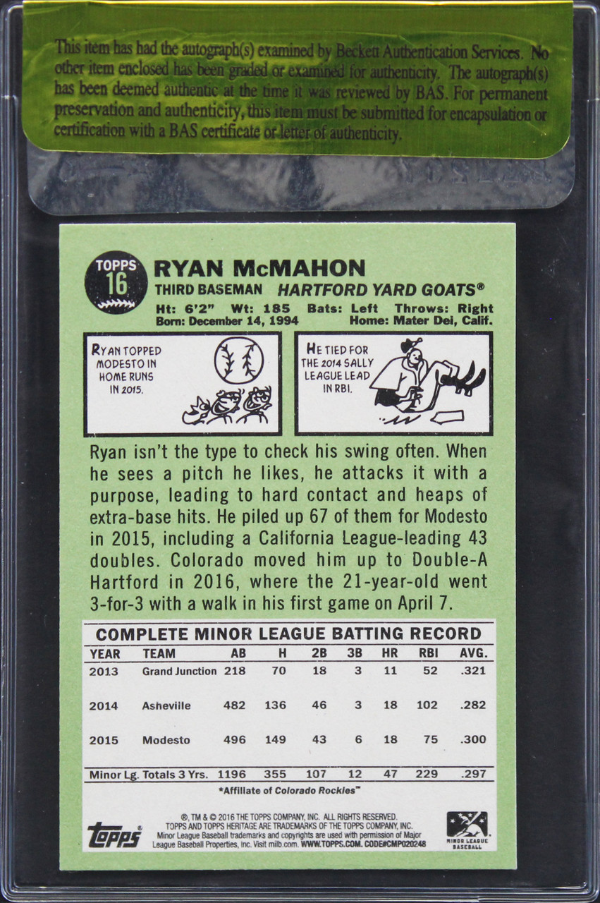 Ryan Mcmahon Autographed Signed Rockies Authentic 2016 Topps Heritage #16  Card Beckett