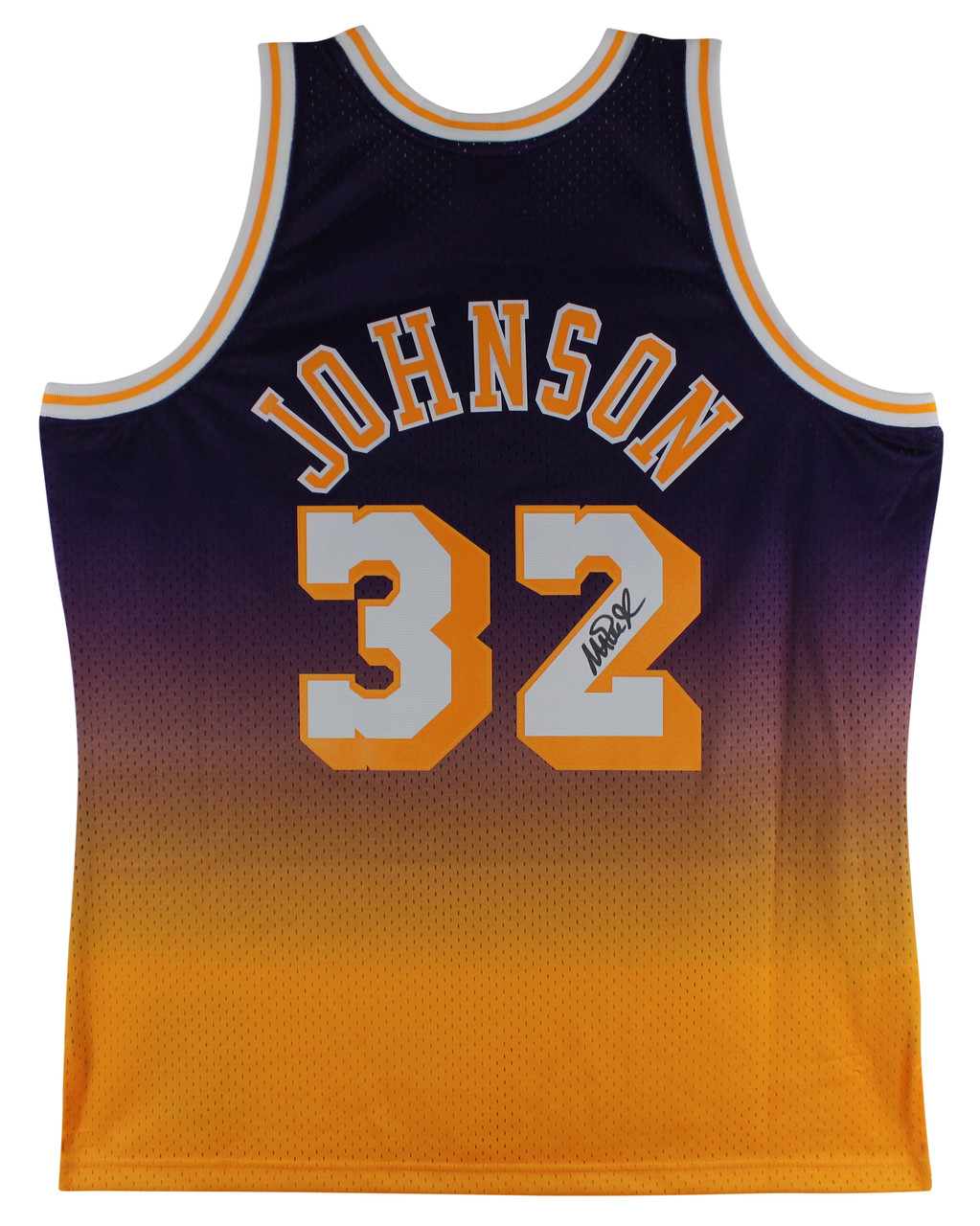 Press Pass Collectibles Lakers Magic Johnson Signed Purple Two-Tone M&N 84-85 HWC Swingman Jersey BAS W