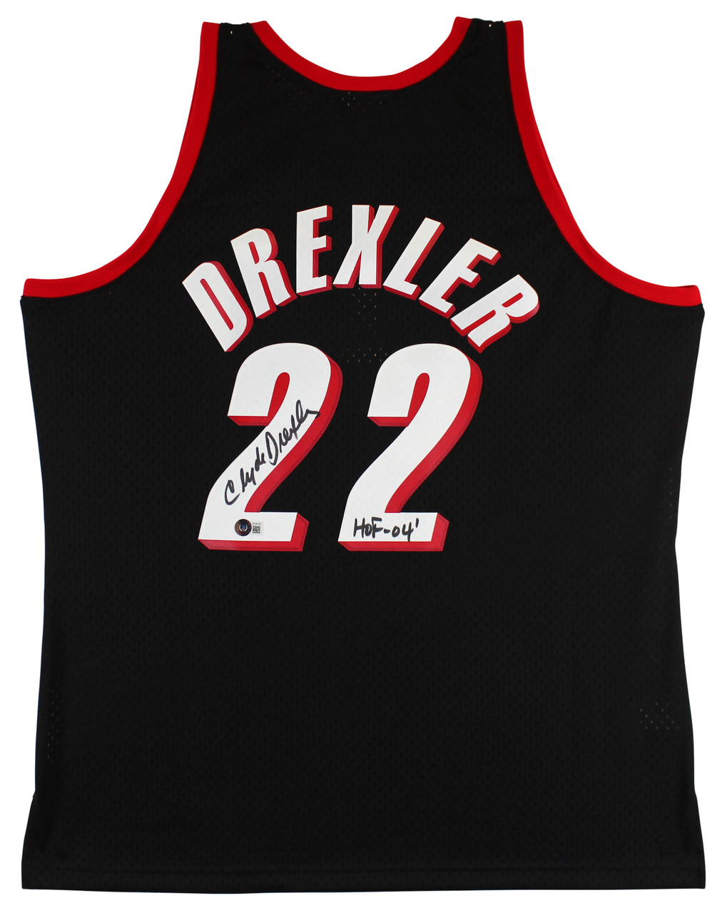 Press Pass Collectibles Blazers Clyde Drexler HOF 04 Signed Red Mitchell & Ness Jersey BAS Witnessed