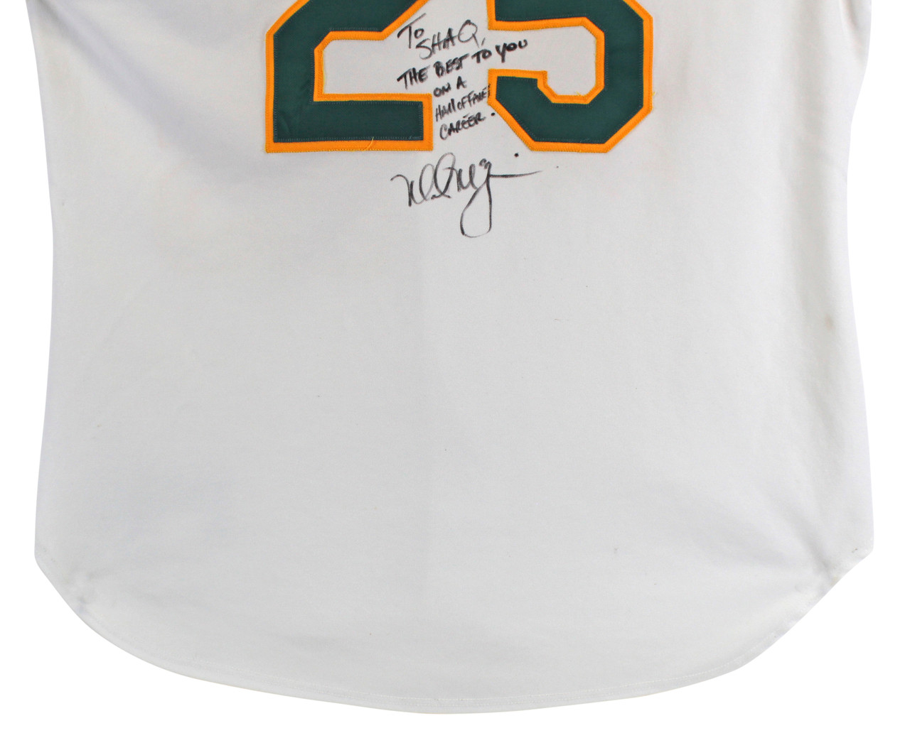Press Pass Collectibles A's Mark McGwire to Shaq Signed Game used White Russell Athletic Jersey BAS