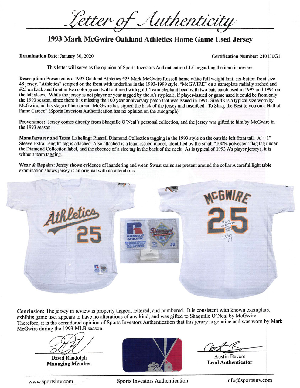 Lot Detail - Mark McGwire 1998 Game Used & Autographed Jersey w