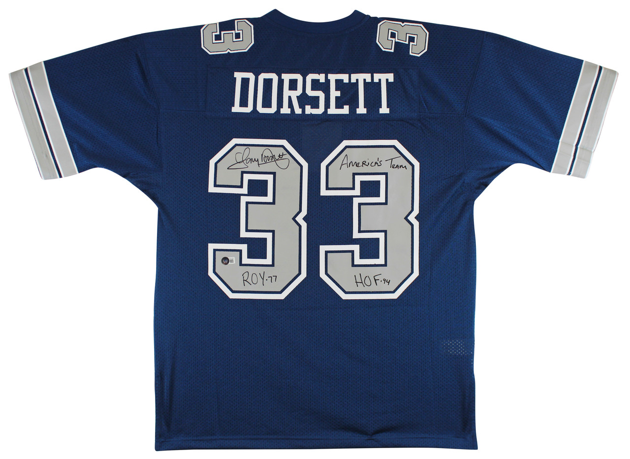 Press Pass Collectibles Cowboys Tony Dorsett 3X Insc Signed Navy Blue M&N Jersey w/ Grey #s BAS Wit