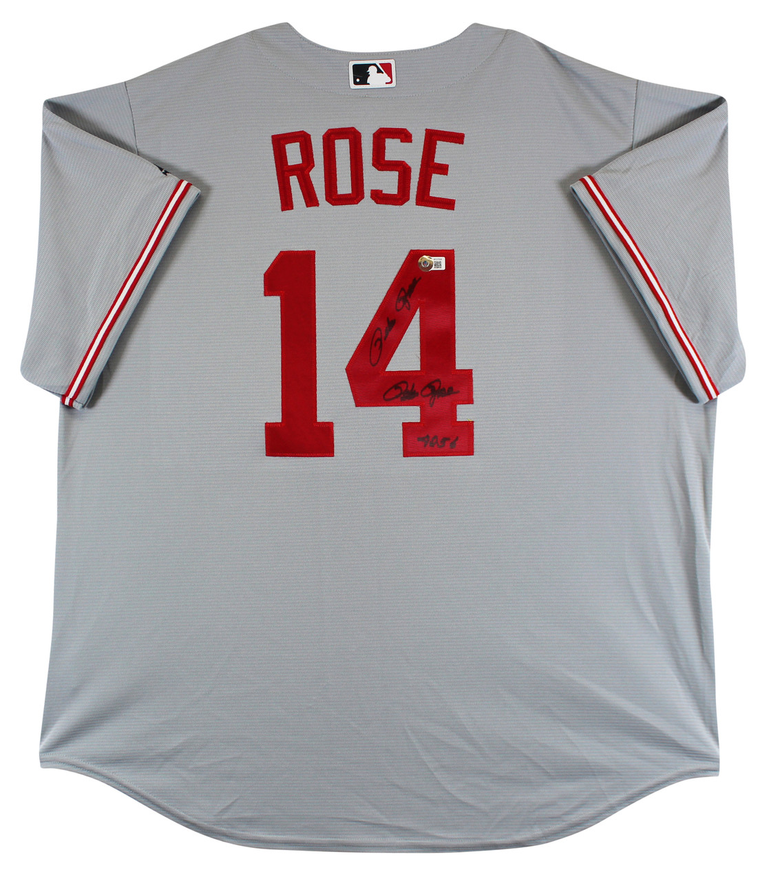 Press Pass Collectibles Reds Pete Rose 4256 2x Signed Grey Majestic Cool Base Jersey BAS Wit #W107956