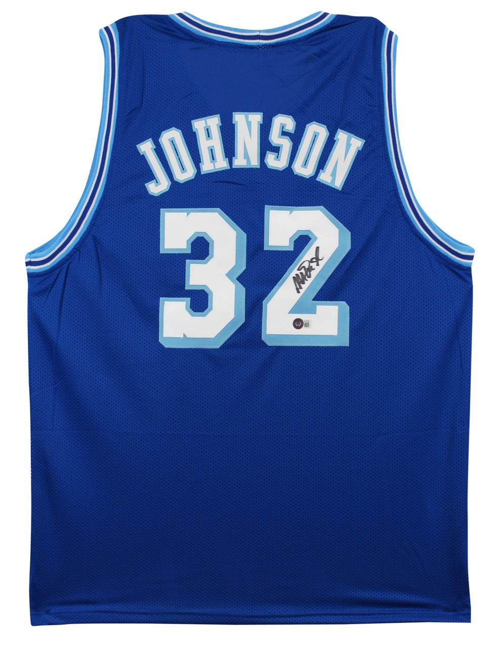 Press Pass Collectibles Magic Johnson Authentic Signed Blue Throwback Pro Style Jersey BAS Witnessed
