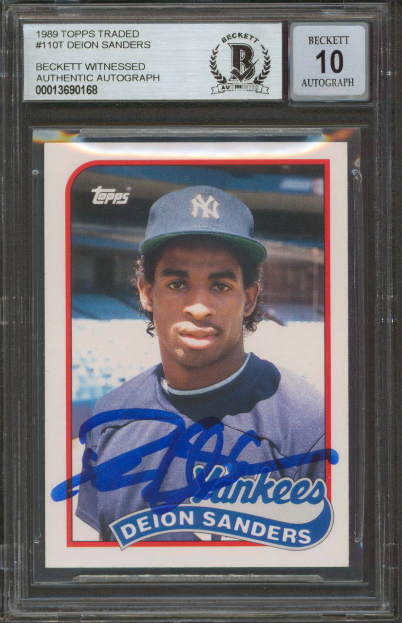 Yankees Deion Sanders Signed 1989 Topps Traded #110T RC Card Auto 10 BAS  Slabbed