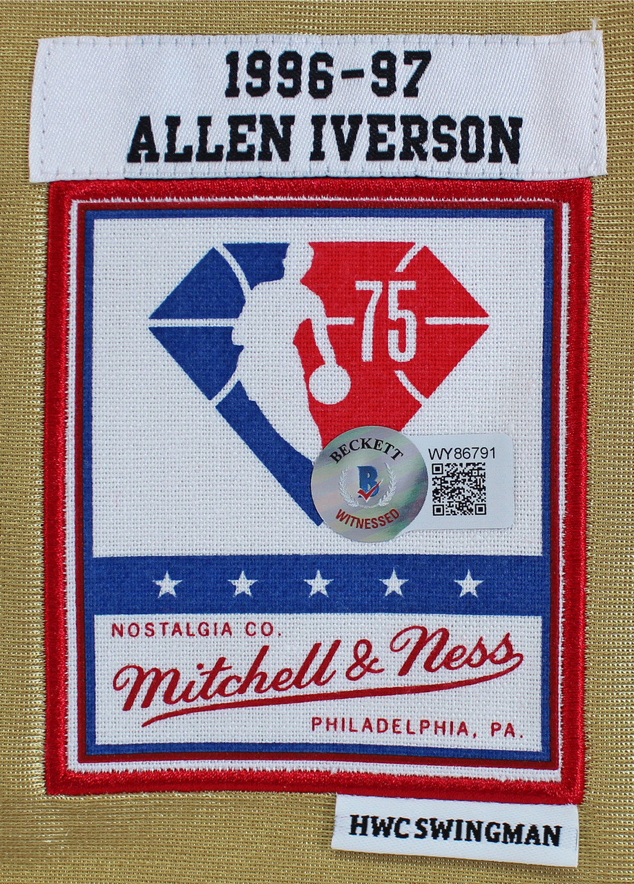 Press Pass Collectibles 76ers Allen Iverson 2x Insc Signed Gold M&N 75th Anniversary Jersey BAS Wit