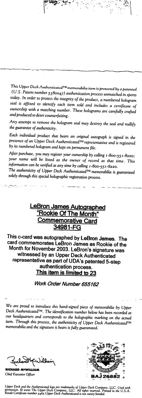 Cavaliers LeBron James Signed 2003 UD ROM Oct/Nov #14/23