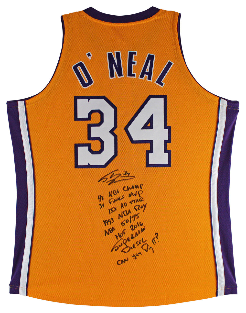 Press Pass Collectibles Shaquille O'Neal 9x Inscribed Signed Yellow M&N 99-00 HWC Authentic Jersey BAS 2