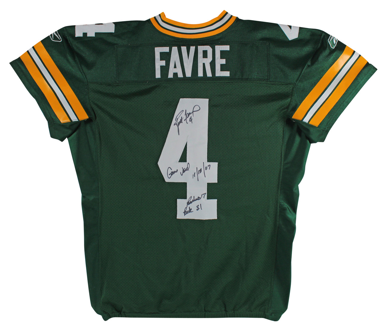 Press Pass Collectibles Packers Brett Favre Signed Game used Green Reebok Jersey BAS & Photomatched!