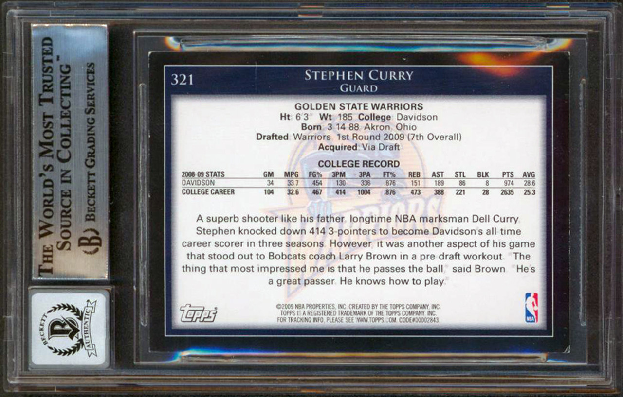 Warriors Stephen Curry Signed 2009 Topps #321 Rookie Card Auto