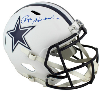 Cowboys Roger Staubach Signed Flat White Full Size Speed Rep Helmet BAS Witness