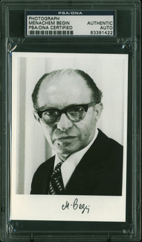 Menachem Begin Israeli Prime Minister Signed 3.5x5 B&W Photo PSA/DNA Slabbed