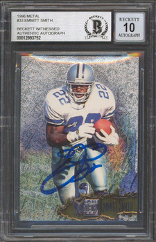 Cowboys Emmitt Smith Signed 1996 Metal #33 Card Auto Graded Mint 10! BAS Slabbed