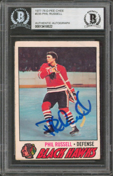 Blackhawks Phil Russell Authentic Signed 1977 O-Pee-Chee #235 Card BAS Slabbed