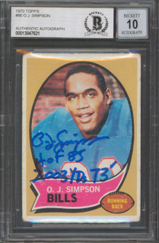 Bills O.J. Simpson "2x Insc" Signed 1970 Topps #90 Card Auto Graded 10! BAS Slab