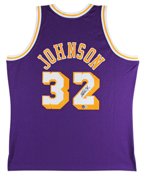 Lakers Magic Johnson Signed 1984-85 M&N HWC Swingman Purple Jersey BAS Witnessed