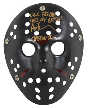 Ari Lehman Friday The 13th "F*** Freddy!" Signed Black Mask w/ Gold Sig BAS Wit