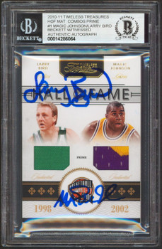 Magic Johnson & Larry Bird Signed 2010 Timeless HOF Mat #1 Card Auto 10 BAS Slab