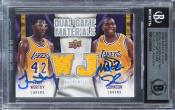 Magic Johnson & James Worthy Signed 2009 UD Game Mat DGWJ Card Auto 10 BAS Slab