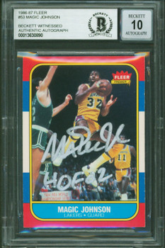 Lakers Magic Johnson "HOF 02" Signed 1986 Fleer #53 Card Auto 10! BAS Slabbed