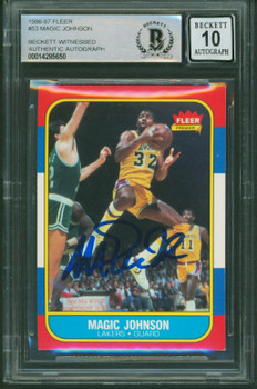 Lakers Magic Johnson Signed 1986 Fleer #53 Card Auto 10! w/ Blue Sig BAS Slabbed