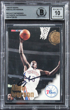 76ers Allen Iverson Signed 1996 Hoops #295 Rookie Card Auto 10! BAS Slabbed