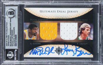 Magic Johnson & Larry Bird Signed 2005 Ultimate Patches DPJB 15/50 Card BAS Slab