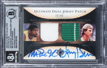 Magic Johnson & Larry Bird Signed 2005 Ultimate Patches DPJB 38/40 Card BAS Slab