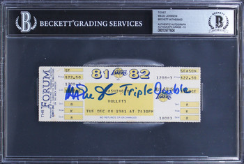 Lakers Magic Johnson Triple Double Signed 1981 Ticket Stub Auto 10! BAS Slabbed