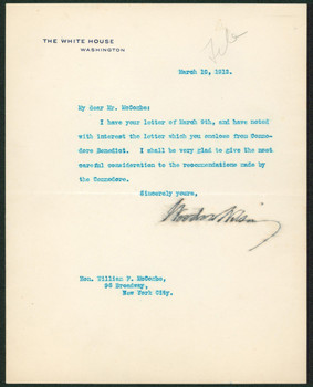 Woodrow Wilson Signed 7x8.8 1913 Letter On White House Letterhead BAS #AB14530