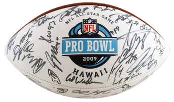 2009 Pro Bowl (40+) Brees, Peterson, Willis Signed White Panel Logo Football JSA